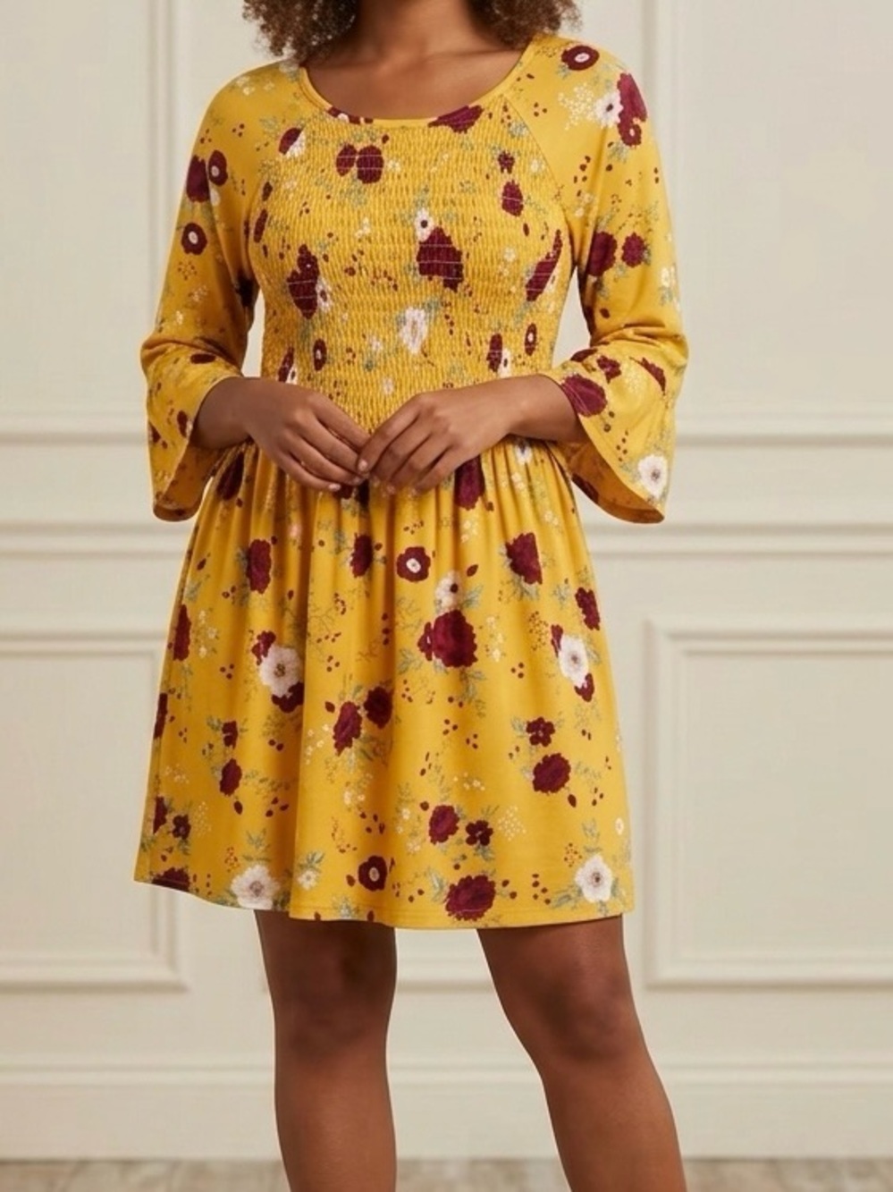 Bobbie Brooks Smocked Yellow Floral Tunic Top Babydoll Blouse Medium